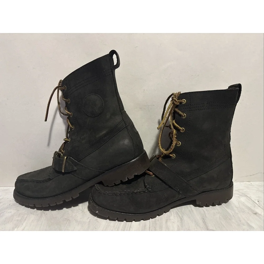 Polo Ralph Lauren Ranger Boots Black Leather Buckle Mens 10D Lug Combat Boot